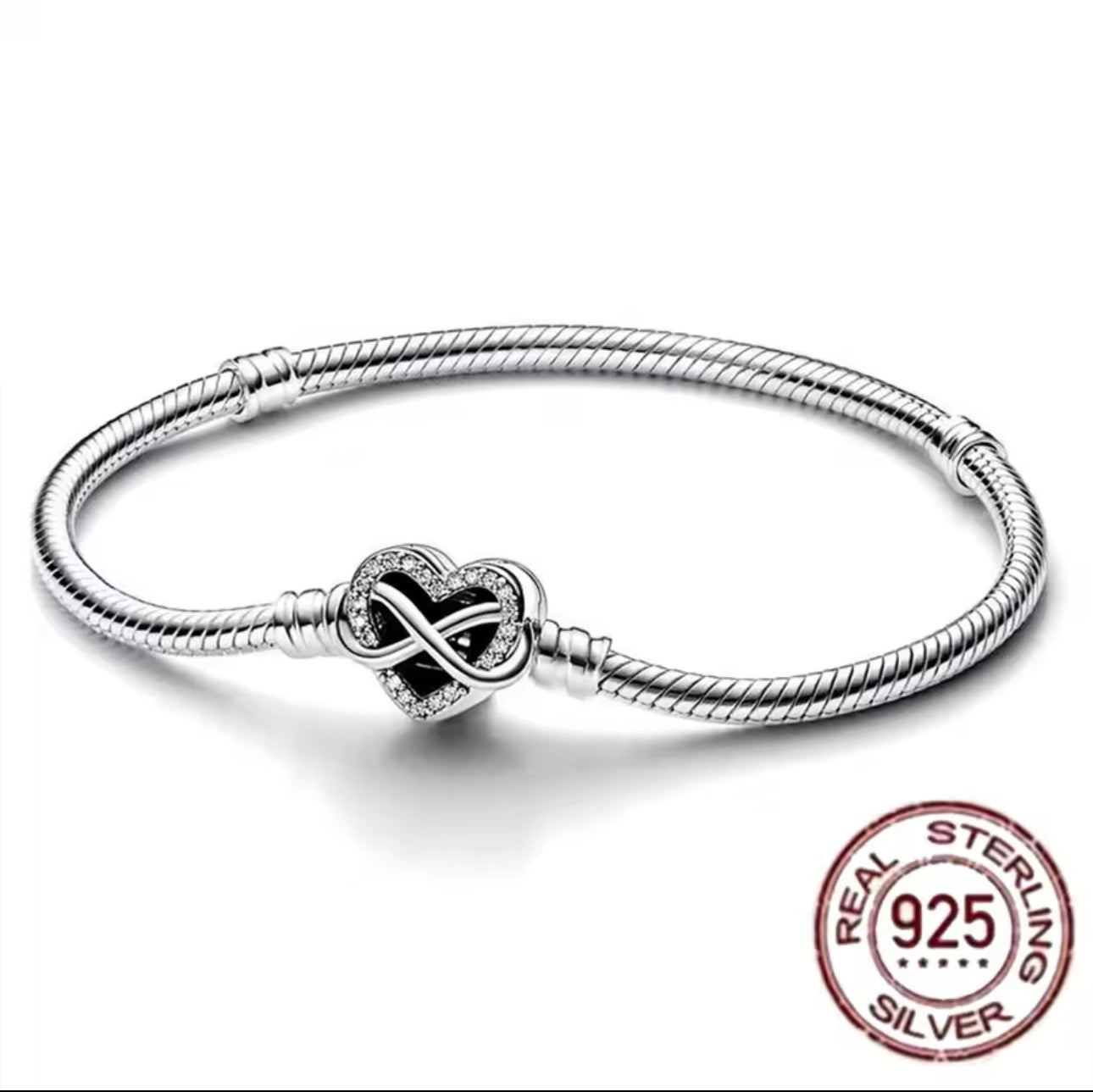 Schlangen-Gliederarmband mit Herzverschluss Unendlichkeitszeichen